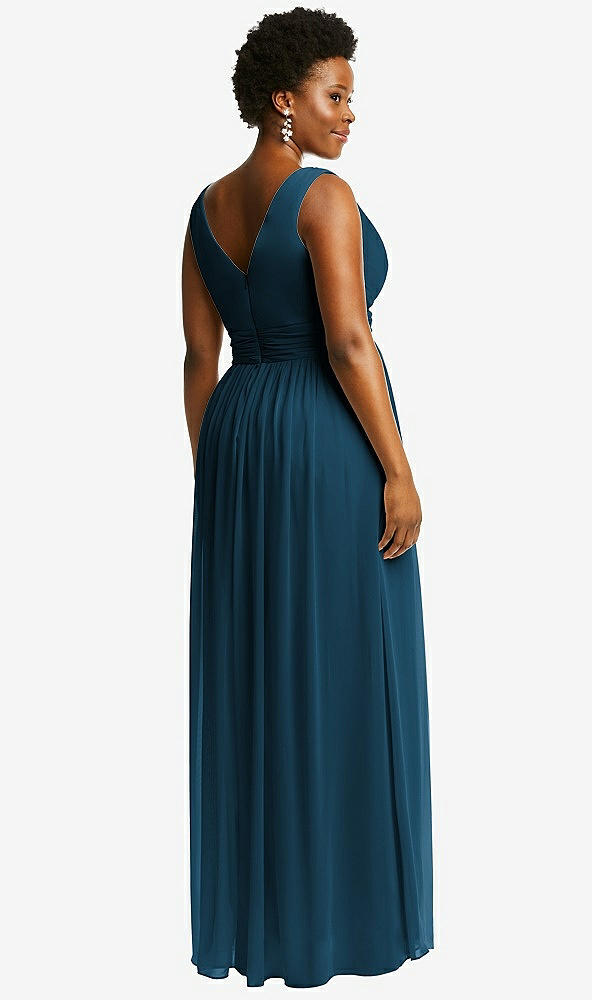 Back View - Atlantic Blue Sleeveless Draped Chiffon Maxi Dress with Front Slit