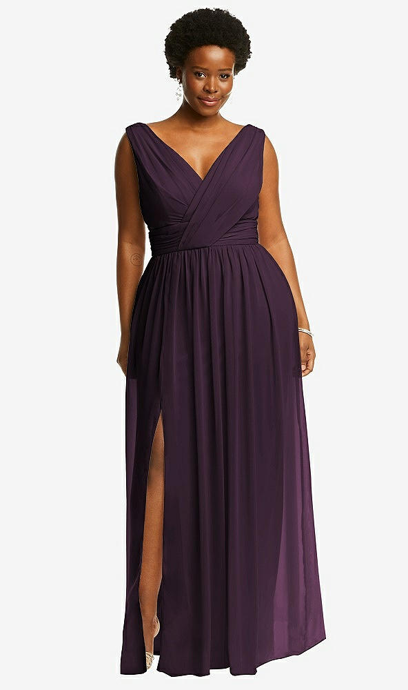 Front View - Aubergine Sleeveless Draped Chiffon Maxi Dress with Front Slit