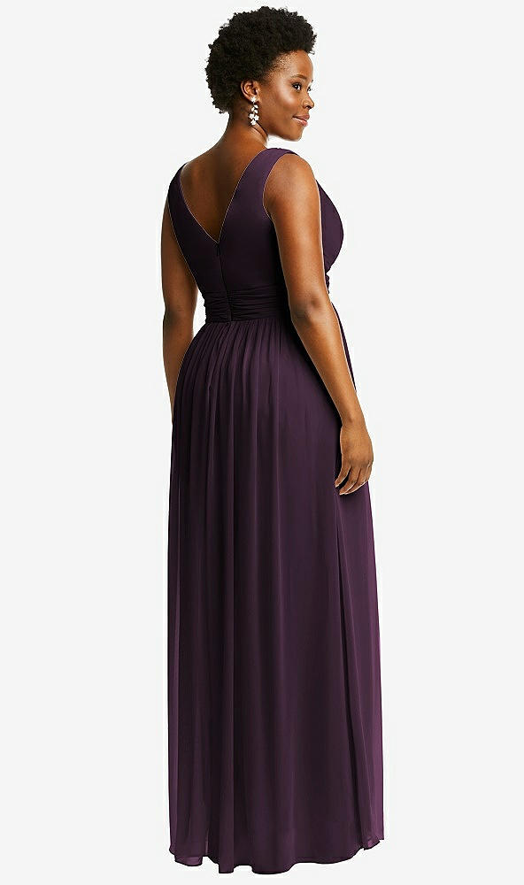 Back View - Aubergine Sleeveless Draped Chiffon Maxi Dress with Front Slit