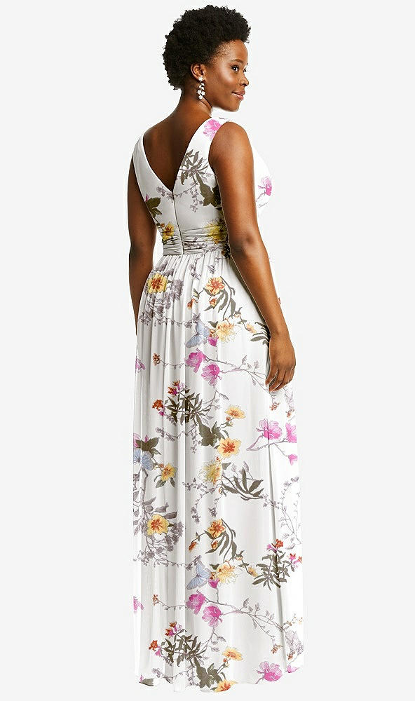 Back View - Butterfly Botanica Ivory Sleeveless Draped Chiffon Maxi Dress with Front Slit