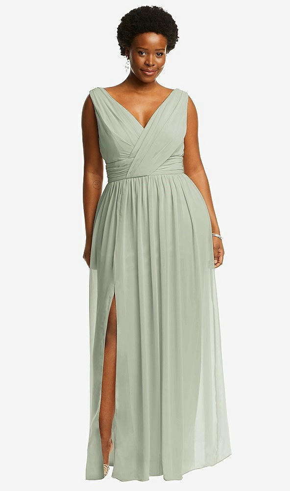 Front View - Celadon Sleeveless Draped Chiffon Maxi Dress with Front Slit