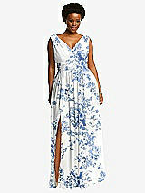 Front View Thumbnail - Cottage Rose Dusk Blue Sleeveless Draped Chiffon Maxi Dress with Front Slit