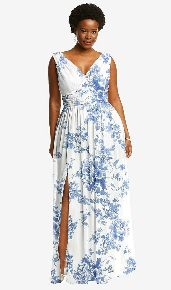 Front View - Cottage Rose Dusk Blue Sleeveless Draped Chiffon Maxi Dress with Front Slit