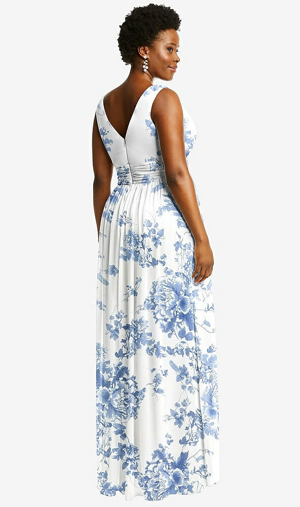 Back View - Cottage Rose Dusk Blue Sleeveless Draped Chiffon Maxi Dress with Front Slit