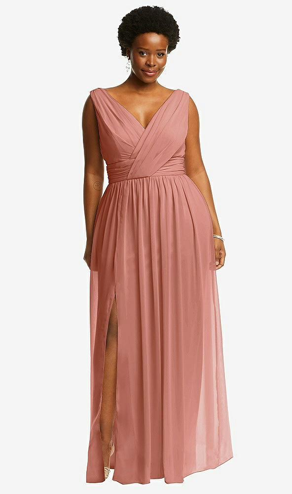 Front View - Desert Rose Sleeveless Draped Chiffon Maxi Dress with Front Slit