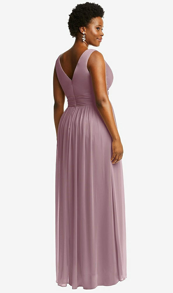 Back View - Dusty Rose Sleeveless Draped Chiffon Maxi Dress with Front Slit