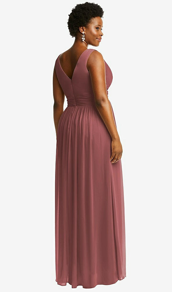 Back View - English Rose Sleeveless Draped Chiffon Maxi Dress with Front Slit