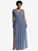 Front View Thumbnail - Larkspur Blue Sleeveless Draped Chiffon Maxi Dress with Front Slit