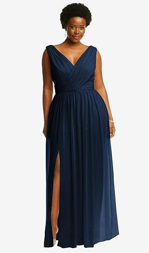 Front View - Midnight Navy Sleeveless Draped Chiffon Maxi Dress with Front Slit