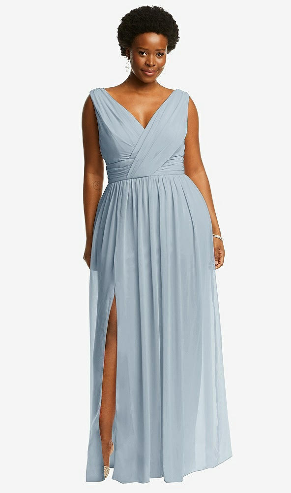 Front View - Mist Sleeveless Draped Chiffon Maxi Dress with Front Slit