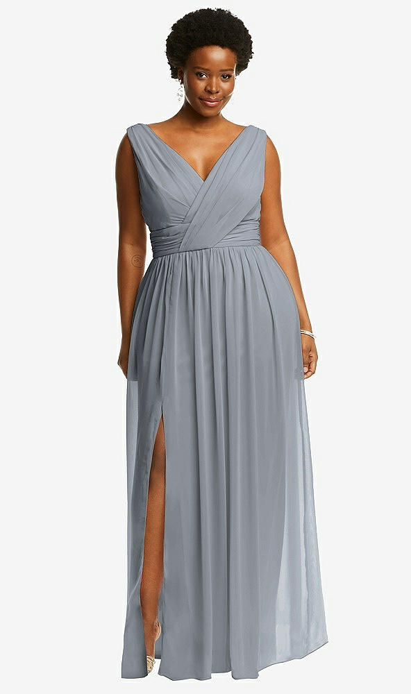 Front View - Platinum Sleeveless Draped Chiffon Maxi Dress with Front Slit