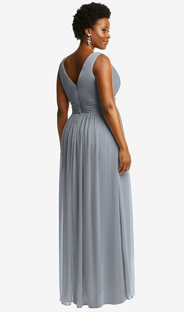 Back View - Platinum Sleeveless Draped Chiffon Maxi Dress with Front Slit