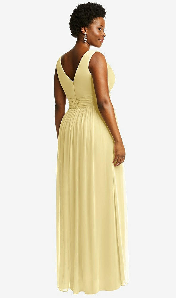 Back View - Pale Yellow Sleeveless Draped Chiffon Maxi Dress with Front Slit