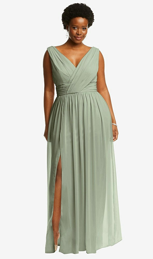 Front View - Sage Sleeveless Draped Chiffon Maxi Dress with Front Slit