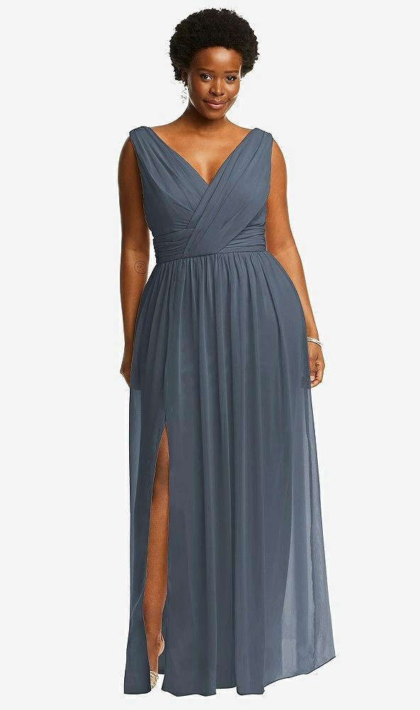 Front View - Silverstone Sleeveless Draped Chiffon Maxi Dress with Front Slit