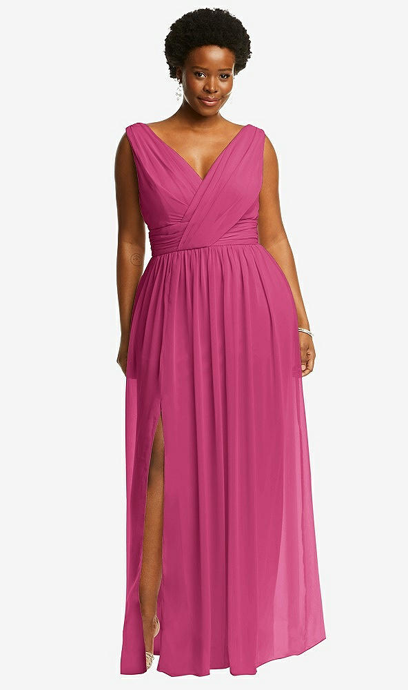 Front View - Tea Rose Sleeveless Draped Chiffon Maxi Dress with Front Slit