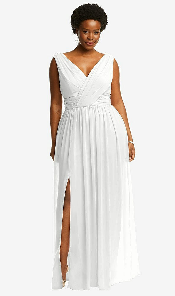 Front View - White Sleeveless Draped Chiffon Maxi Dress with Front Slit