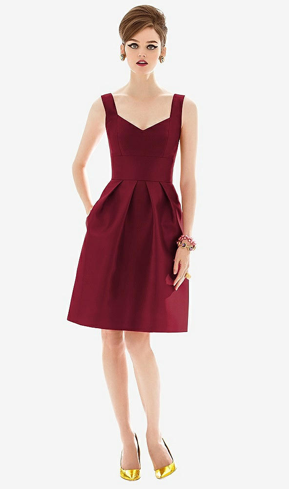 Front View - Burgundy Cocktail Sleeveless Satin Twill Dress