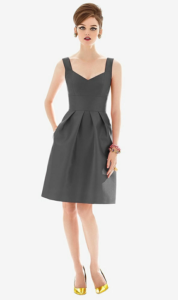 Front View - Gunmetal Cocktail Sleeveless Satin Twill Dress