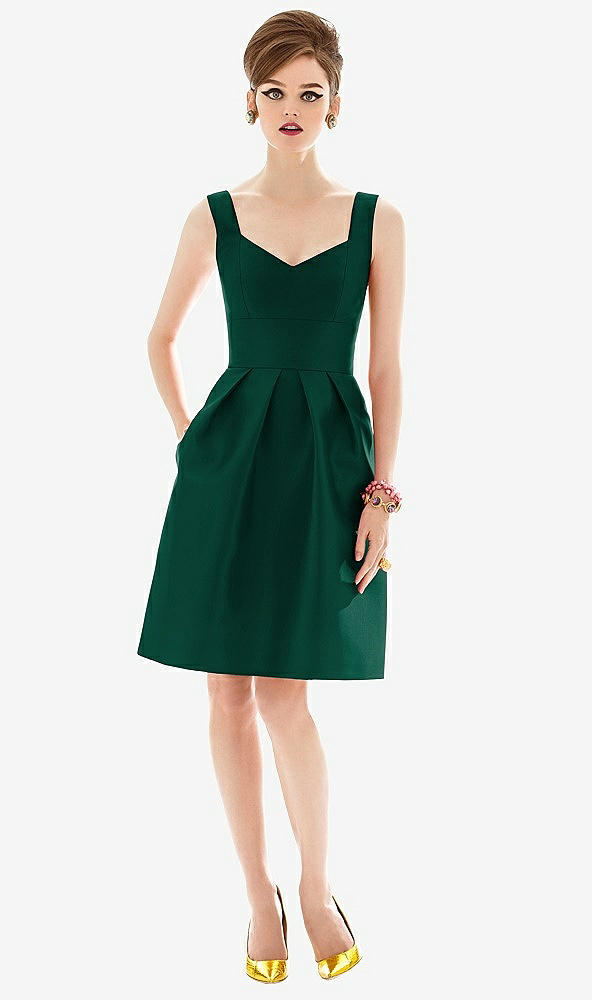 Front View - Hunter Green Cocktail Sleeveless Satin Twill Dress