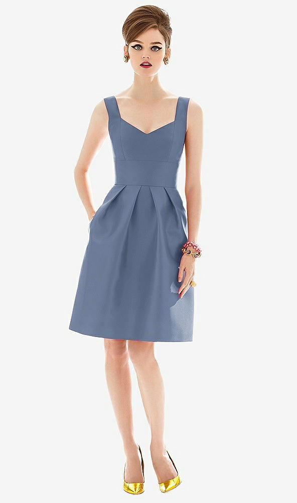 Front View - Larkspur Blue Cocktail Sleeveless Satin Twill Dress