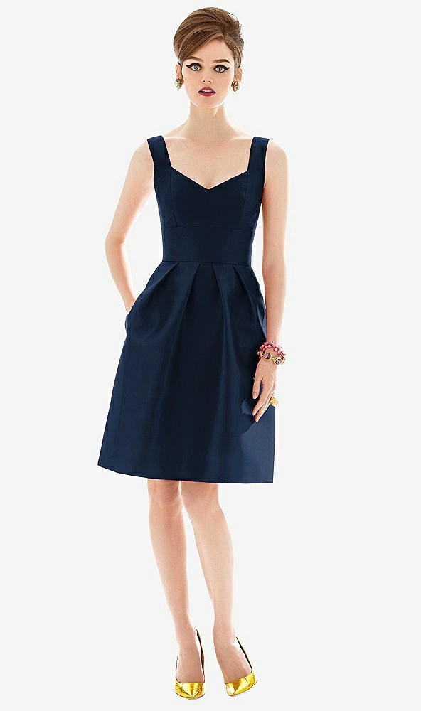 Front View - Midnight Navy Cocktail Sleeveless Satin Twill Dress