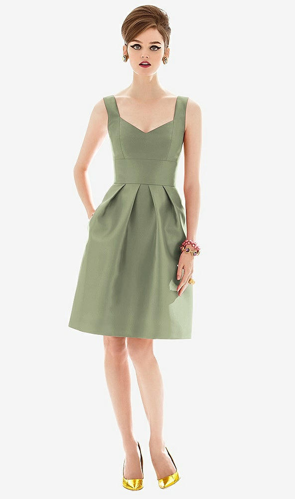 Front View - Sage Cocktail Sleeveless Satin Twill Dress