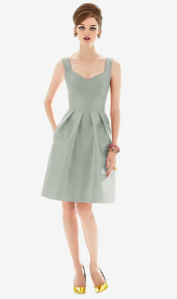 Front View - Willow Green Cocktail Sleeveless Satin Twill Dress