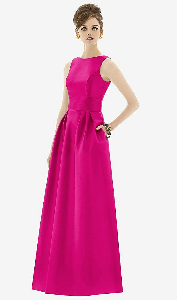 Front View - Think Pink Alfred Sung Open Back Satin Twill Gown D661