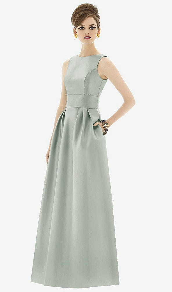 Front View - Willow Green Alfred Sung Open Back Satin Twill Gown D661