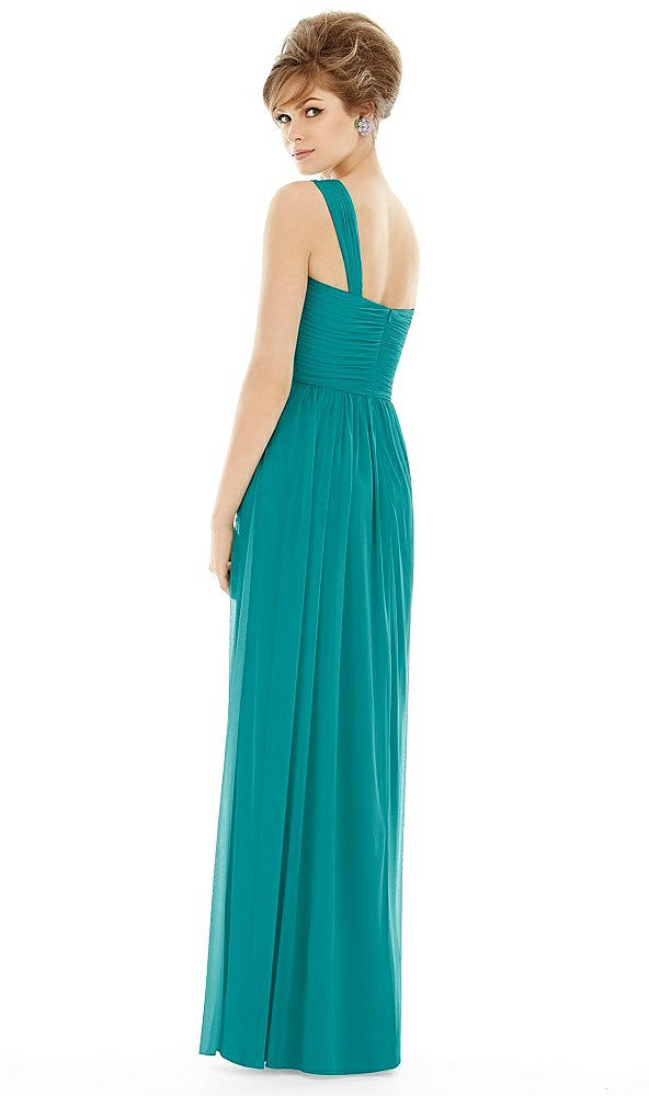 Back View - Mediterranean One Shoulder Assymetrical Draped Bodice Dress