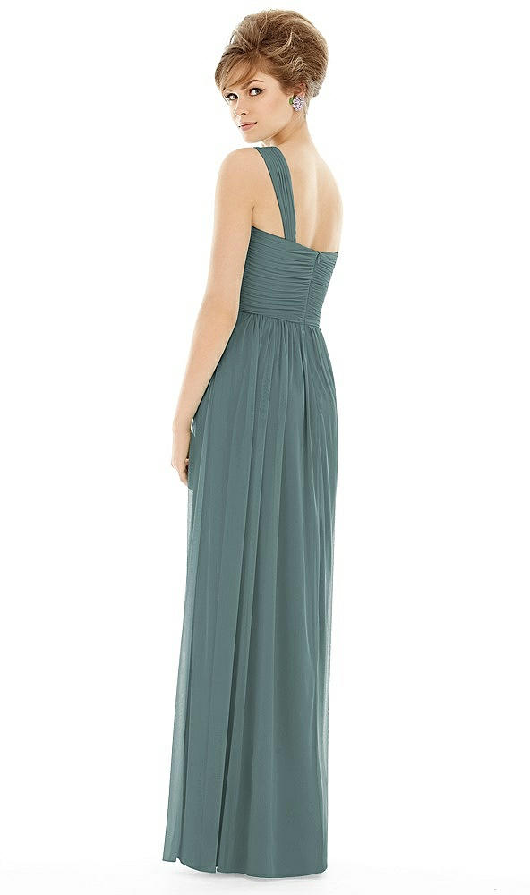 Back View - Smoke Blue One Shoulder Assymetrical Draped Bodice Dress