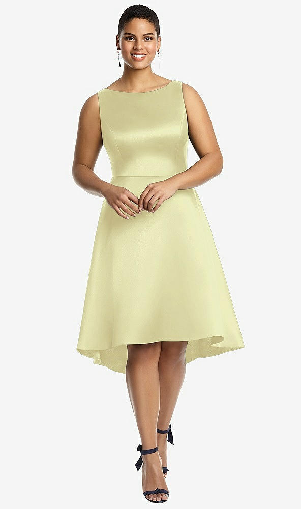 Front View - Butter Yellow Bateau Neck Satin High Low Cocktail Dress