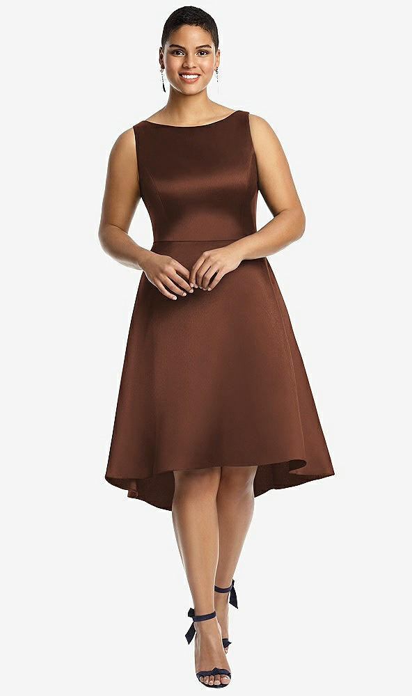 Front View - Cognac Bateau Neck Satin High Low Cocktail Dress