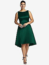 Front View Thumbnail - Hunter Green Bateau Neck Satin High Low Cocktail Dress