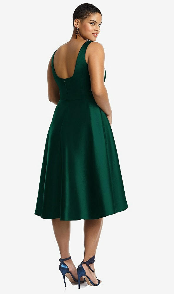 Back View - Hunter Green Bateau Neck Satin High Low Cocktail Dress