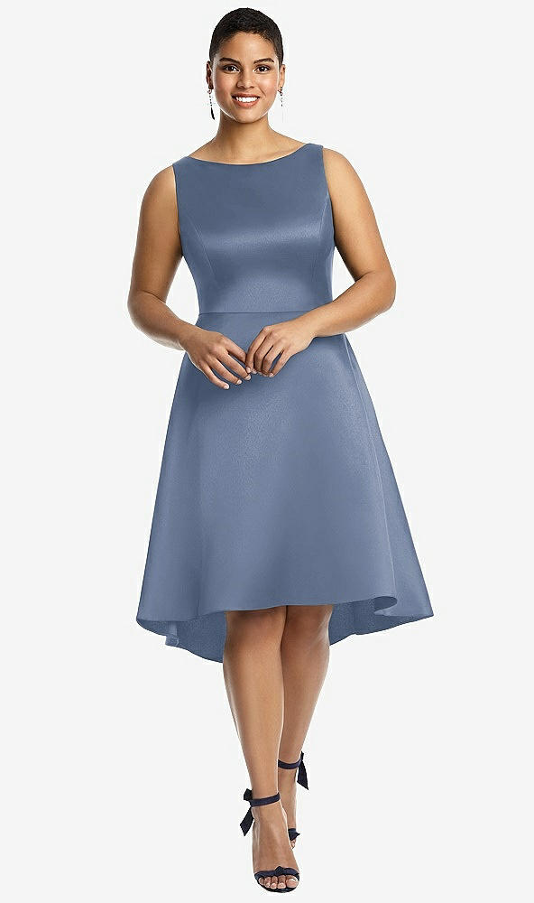 Front View - Larkspur Blue Bateau Neck Satin High Low Cocktail Dress