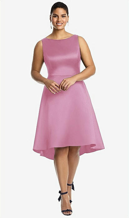 Bateau Neck Satin High Low Cocktail Bridesmaid Dress In Powder Pink The Dessy Group