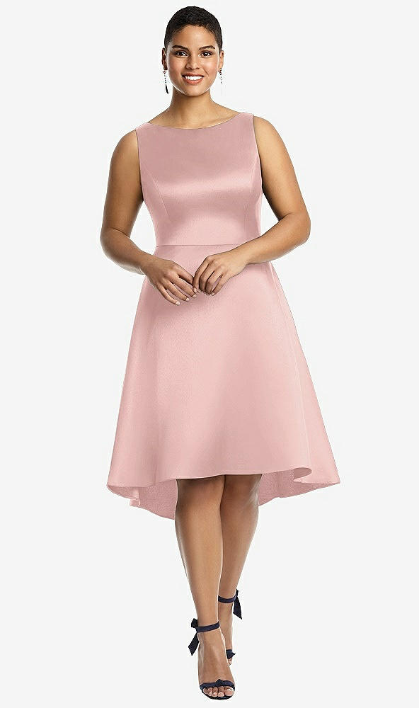 Front View - Rose - PANTONE Rose Quartz Bateau Neck Satin High Low Cocktail Dress