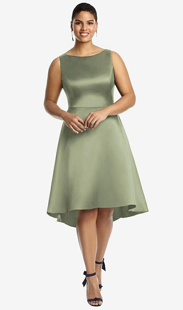 Front View - Sage Bateau Neck Satin High Low Cocktail Dress