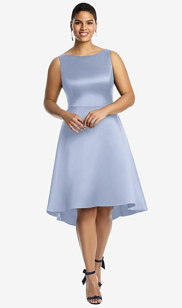 Front View - Sky Blue Bateau Neck Satin High Low Cocktail Dress