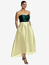 Front View Thumbnail - Butter Yellow & Evergreen Strapless Satin High Low Dress with Pockets