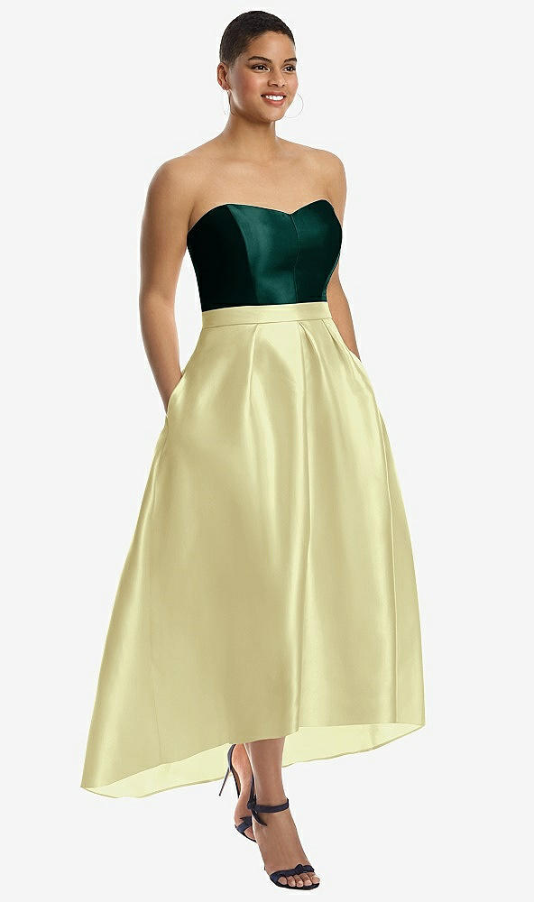 Front View - Butter Yellow & Evergreen Strapless Satin High Low Dress with Pockets