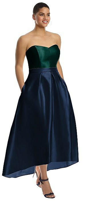 Strapless Satin High Low Dress with Pockets