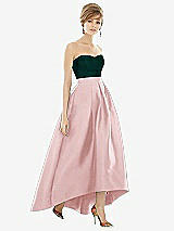 Alt View 1 Thumbnail - Ballet Pink & Evergreen Strapless Satin High Low Dress with Pockets