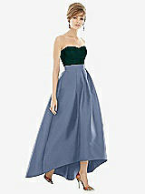 Alt View 1 Thumbnail - Larkspur Blue & Evergreen Strapless Satin High Low Dress with Pockets