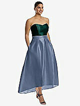 Front View Thumbnail - Larkspur Blue & Evergreen Strapless Satin High Low Dress with Pockets