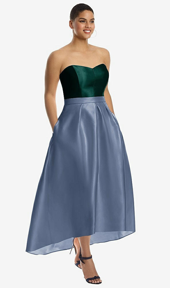 Front View - Larkspur Blue & Evergreen Strapless Satin High Low Dress with Pockets