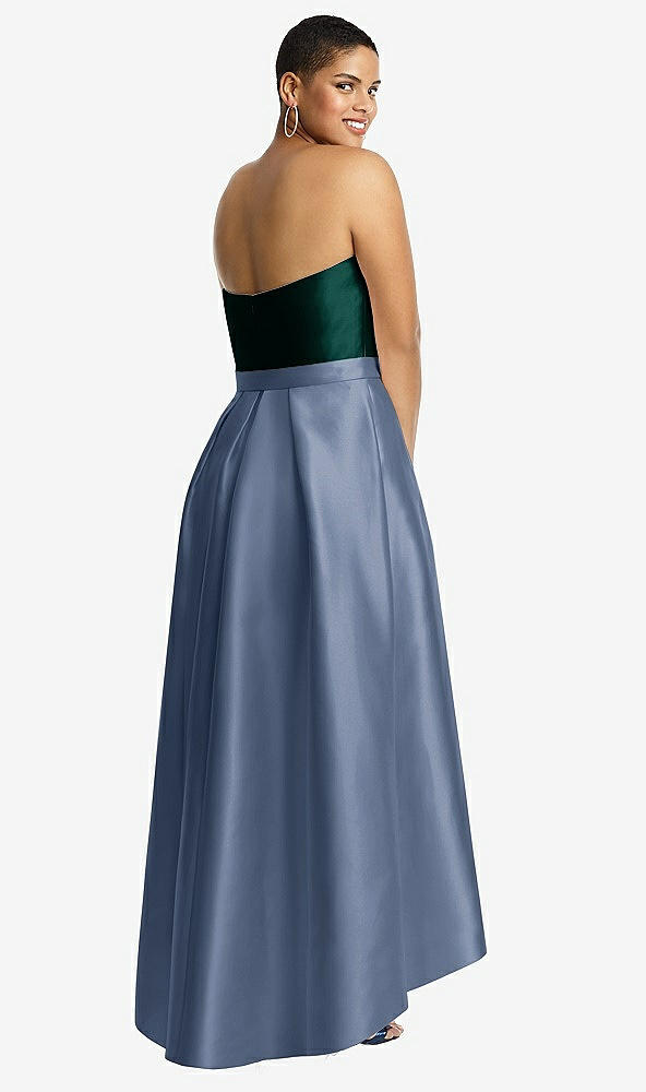 Back View - Larkspur Blue & Evergreen Strapless Satin High Low Dress with Pockets