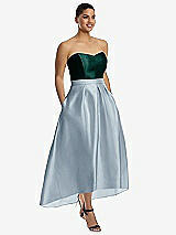 Front View Thumbnail - Mist & Evergreen Strapless Satin High Low Dress with Pockets